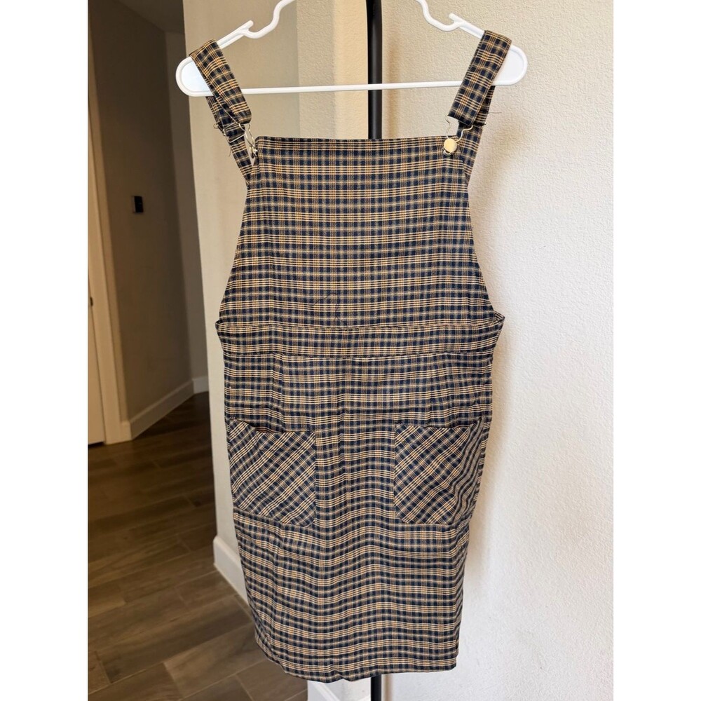 Plaid Pinafore Overalls Dress in Navy and Tan S